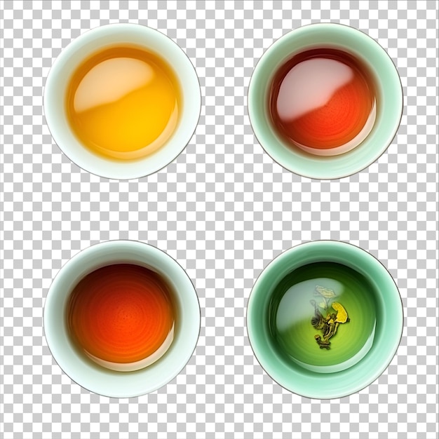 tazze di tè con colori diversi su uno sfondo trasparente