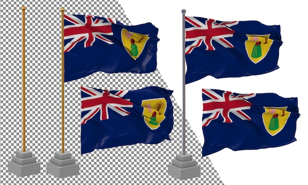 TCI-Flagge der Turks- und Caicosinseln in unterschiedlichem Stil mit isoliertem 3D-Rendering