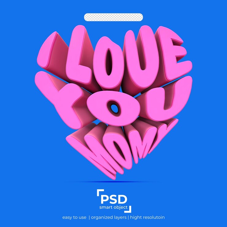 PSD te amo mamá en forma de corazón 3d sobre fondo aislado con blanco rosa entero