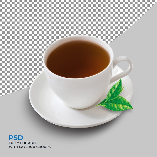 Tè nero in tazza bianca e foglia isolato su sfondo psdpsd