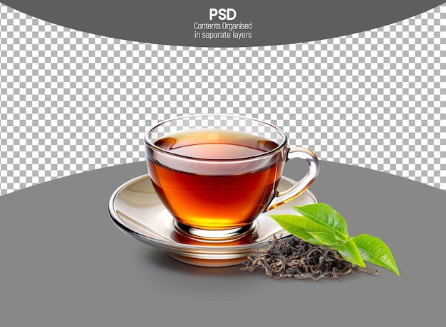 Tè nero in tazza trasparente isolato su sfondo trasparente