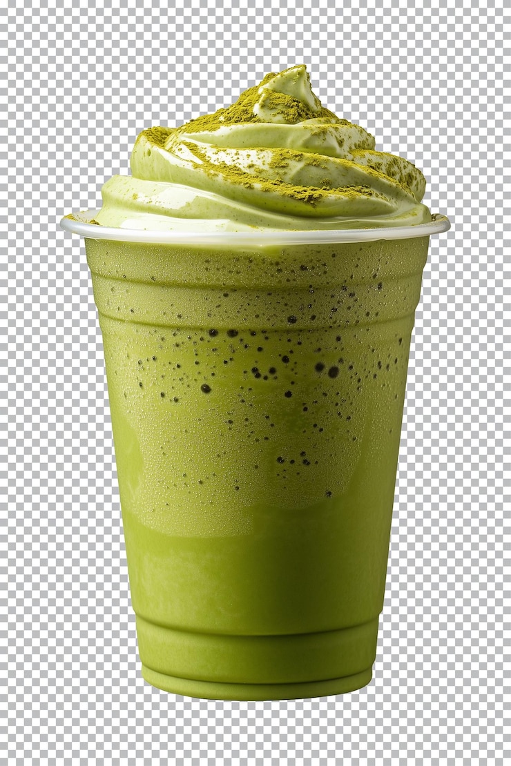 PSD té verde matcha frappe o batido en taza de plástico para llevar en fondo transparente recortado png