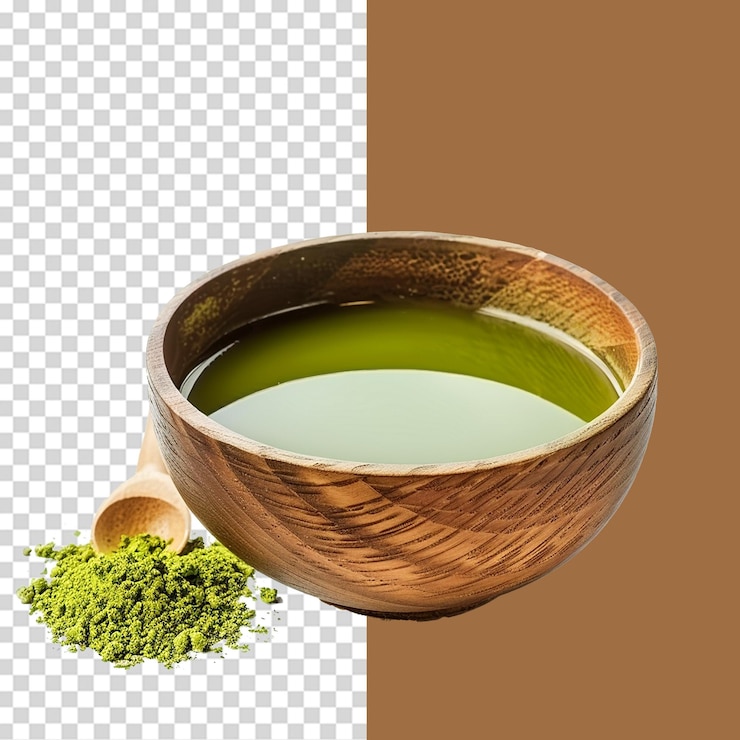 PSD té verde matcha japonés en un cuenco de madera aislado sobre un fondo transparente