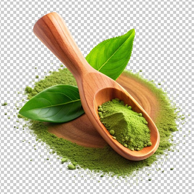 Té verde en polvo con cuchara de bambú aislado en la capa alfa png