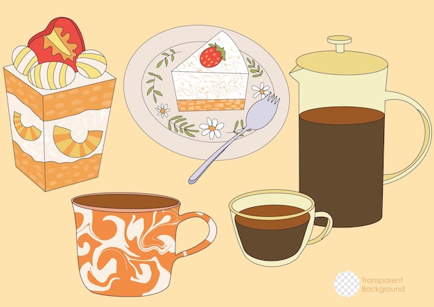 Tea Party Surrealism Assets Illustrazione, tazza, panna cotta, torta di formaggio e caffettiera vietnamita