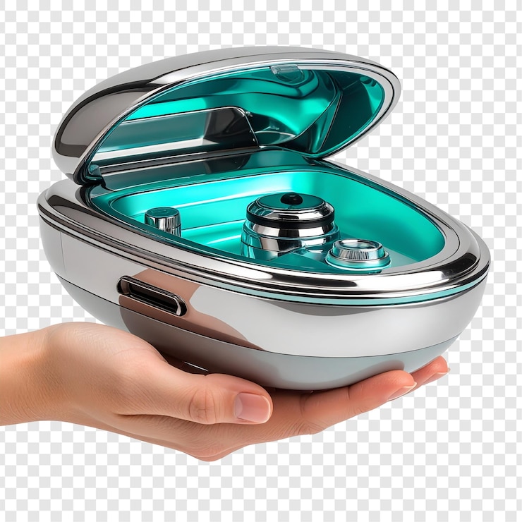 PSD teal interior metallic portable device held in hand