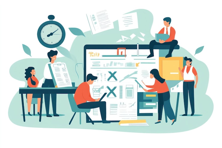 PSD team arbeitet an der projektplanung mit einer großen digitalen tafel und verschiedenen dokumenten zusammen