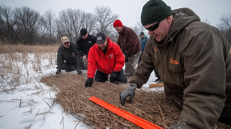 PSD team working outdoors in winter measuring and laying dry grass