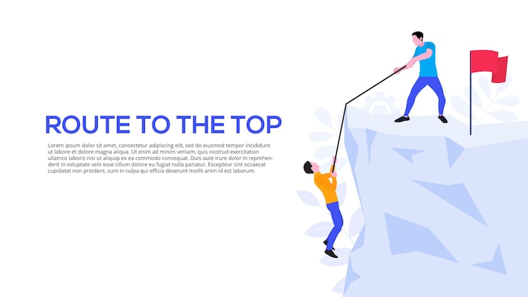 PSD teamwork concept with people mountain and flag flat illustration