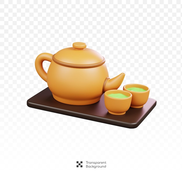 PSD teapot et tasses japonaises symboles isolés icônes et culture du japon rendu 3d