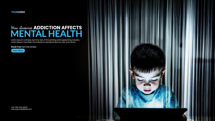 PSD tech rehab digital wellness banner template with a young boy focused on a tablet surrounded by streaks of light emphasizes restart
