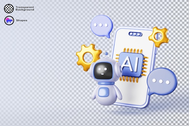 Technologie de chatbot bannière 3D téléphone portable avec icône de puce AI sur l'écran robot de parole engrenages de bulle rendre service de chat bot en ligne avec intelligence artificielle assistant de support GPT