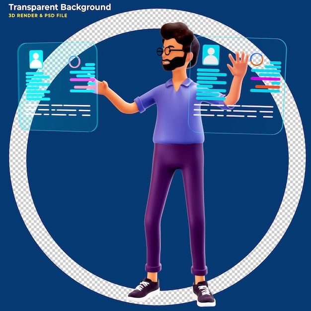 Technologie du cyber-monde numérique métaverse Homme tenant la réalité virtuelle avec interface futuriste Données d'hologramme 3d Illustration 3d