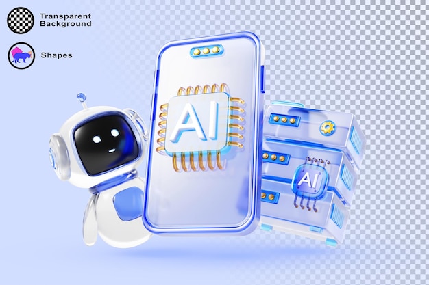 La technologie d'intelligence artificielle 3D arrière-plan bleu smartphone en verre avec puce AI chat bot robot serveur de données de personnage assistant de service de support d'apprentissage automatique dans une application mobile