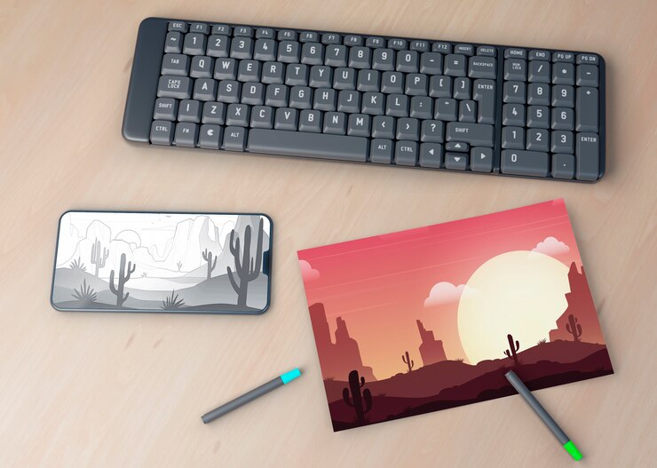 PSD teclado con maqueta de dibujo de hoja