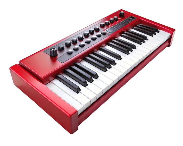 PSD teclado midi de sintetizador rojo sobre fondo blanco