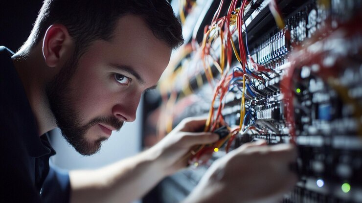 PSD técnico centrado trabajando en el rack de servidores conectando cables