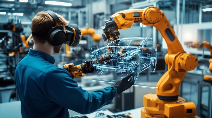 PSD un técnico que usa auriculares de realidad virtual interactúa con un brazo robótico y un modelo de coche digital en una fábrica
