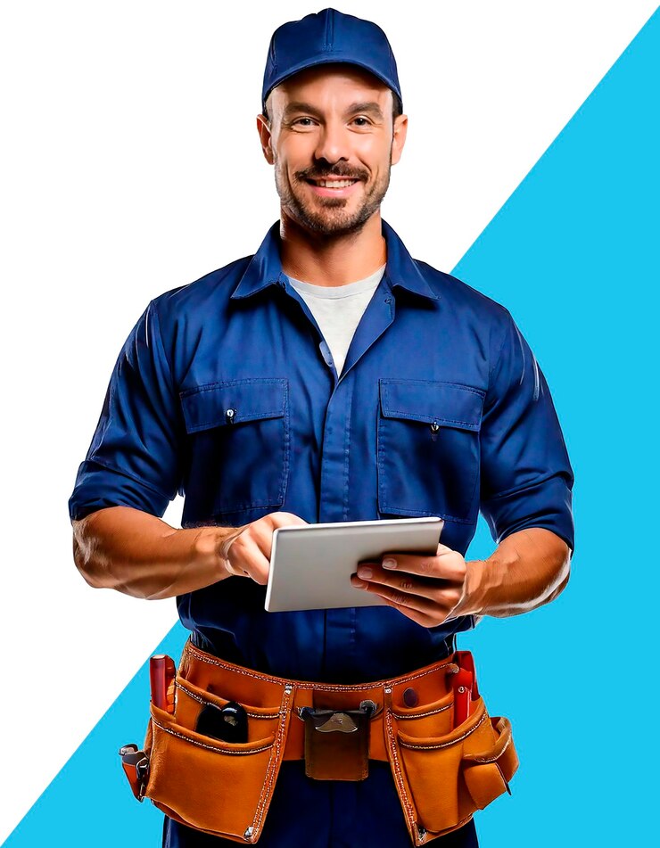 PSD tecnico sorridente con tablet isolato su sfondo bianco o trasparente png