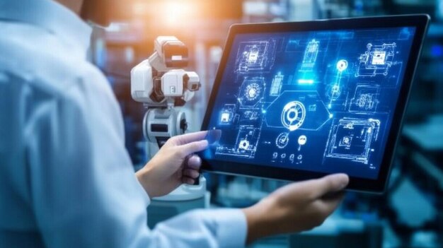 Técnico usando una tableta para monitorear el brazo de un robot industrial