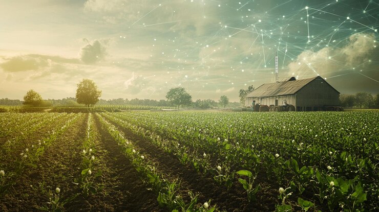 PSD la tecnología agrícola inteligente conecta las tierras de cultivo rurales con una red digital que muestra un granero en un campo al atardecer