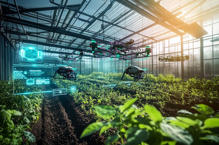 PSD tecnología agrícola inteligente drones automatizados monitorean y mantienen las plantas en un invernadero moderno