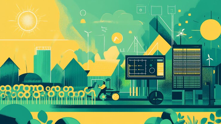 PSD tecnología agrícola inteligente con maquinaria automatizada y análisis de datos en un paisaje rural sostenible