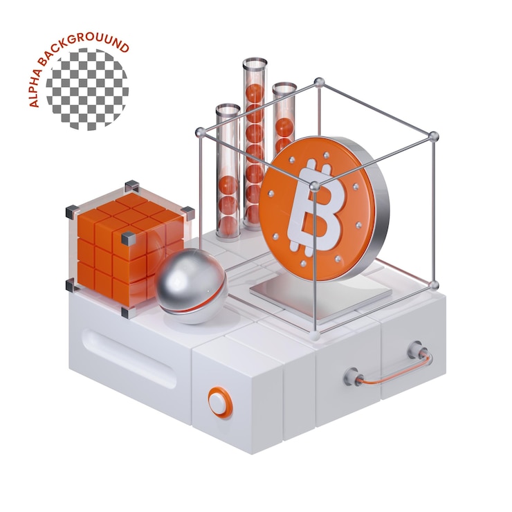 PSD tecnología de consulta de bitcoin iconos 3d renderizados