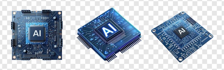 PSD tecnología cpu azul microchips de computadora con ia en el centro en el fondo de transparencia psd