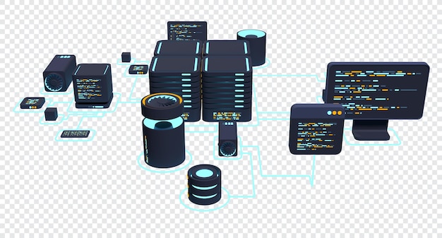 Tecnologia da computação Ilustração 3D Computação de grande centro de dados Computação em nuvem Dispositivos on-line carregar e baixar informações Ilustração moderna 3D Rendering 3D