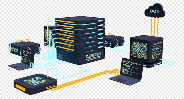 Tecnologia da computação ilustração 3d computação de grande centro de dados computação em nuvem dispositivos on-line carregar e baixar informações ilustração moderna 3d rendering 3d