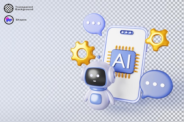 Tecnologia de chat bot de IA banner 3D Telefone móvel com chip de inteligência artificial renderização de ícone caractere de robô bonito equipamento de bolha de texto Assistente de serviço de suporte agente digital virtual