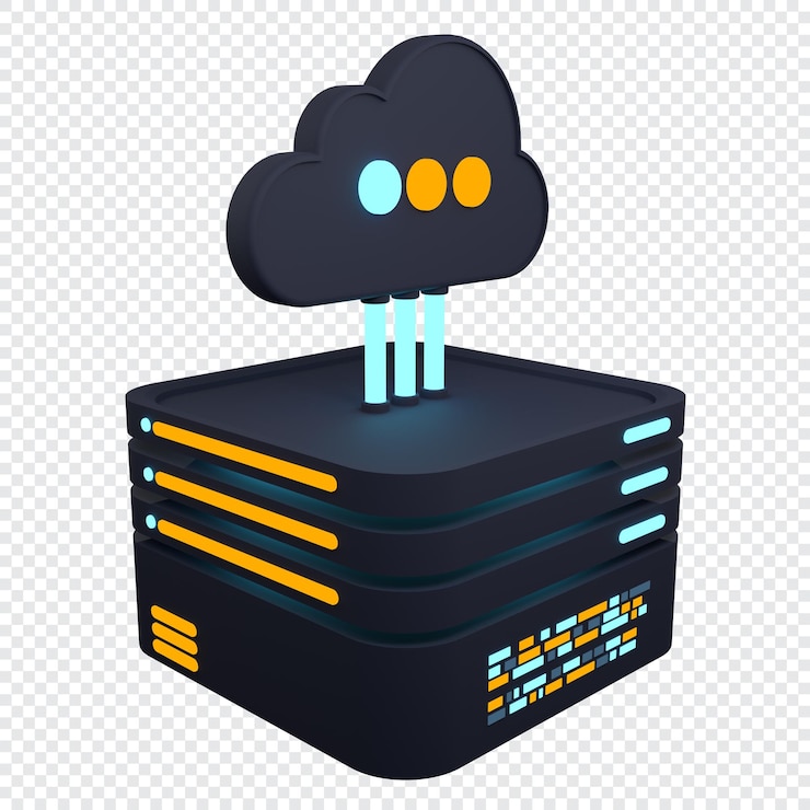 PSD tecnologia di cloud computing centro dati cloud con server di hosting servizio cloud rendering 3d rete e database illustrazione di rendering 3d dell'archiviazione cloud