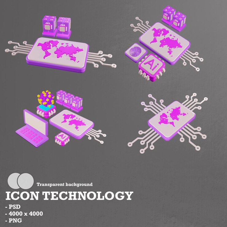 PSD tecnología de iconos 3d, blockchain e inteligencia artificial