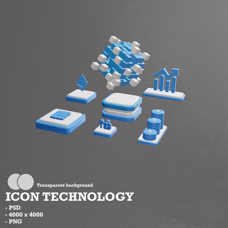 PSD tecnología de iconos 3d, blockchain e inteligencia artificial
