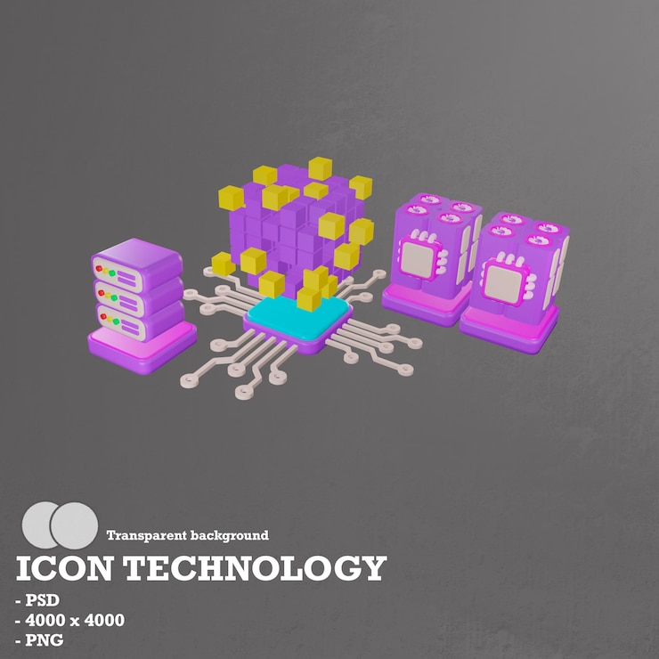 PSD tecnología de iconos 3d, blockchain e inteligencia artificial