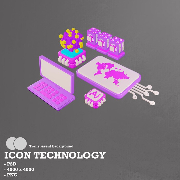 PSD tecnología de iconos 3d, blockchain e inteligencia artificial