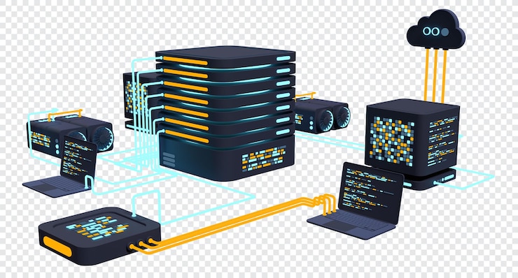 PSD tecnología informática ilustración en 3d computación de un gran centro de datos computación en la nube dispositivos en línea cargar y descargar información ilustración moderna en 3d rendering en 3d