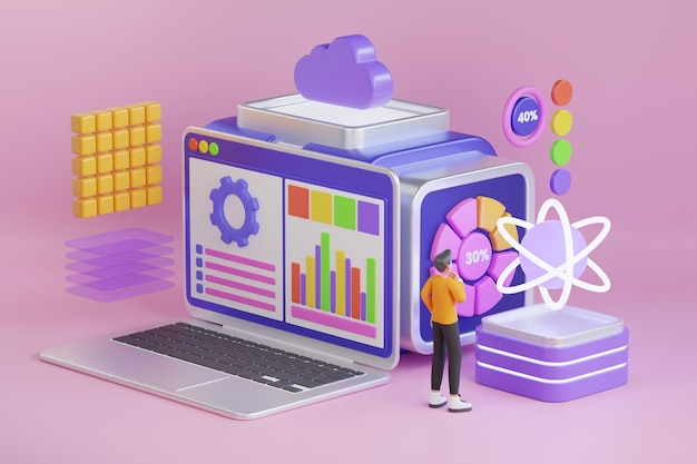 Tecnologias de nuvem para download, servidores e serviço. Personagem ficando perto do painel de controle