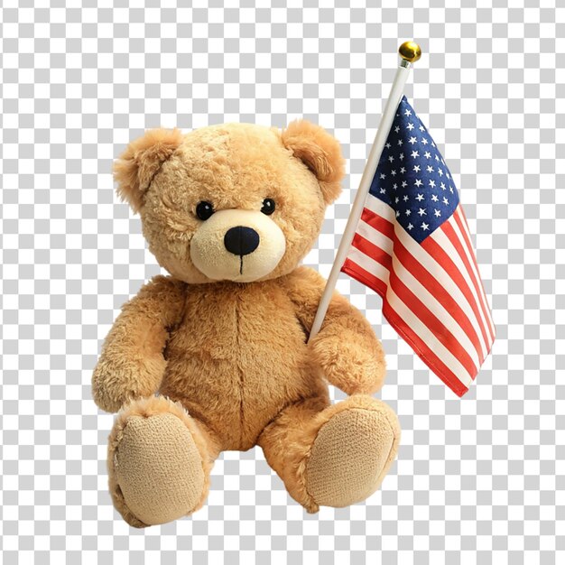 PSD teddybär mit amerikanischer flagge, isoliert auf durchsichtigem hintergrund