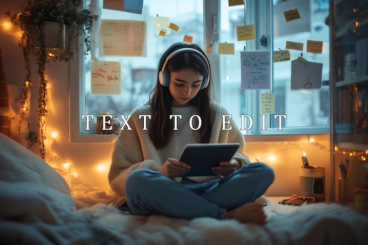 PSD teen girl using tablet wearing headphones sitting on bed in cozy room with fairy lights