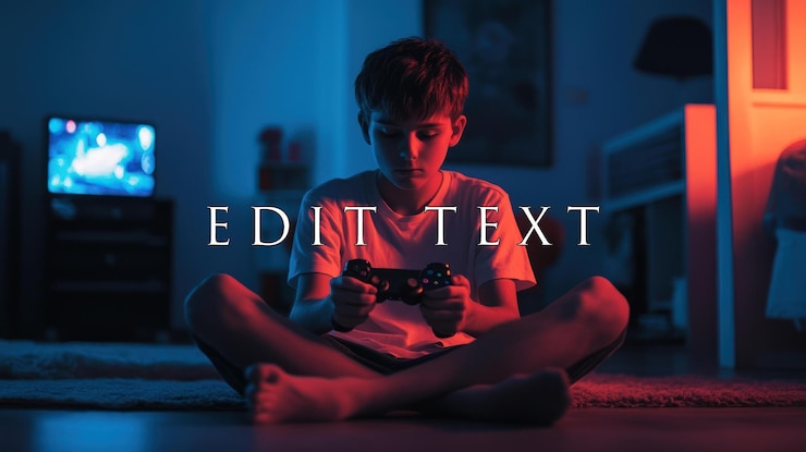 PSD teenager boy playing video games at night in his room