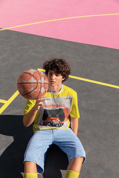 PSD teenager mit basketball draußen auf dem platz