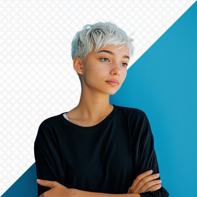 PSD teenager mit weißen kurzen haaren über einer blauen wand mit gekreuzten armen und blick nach vorne