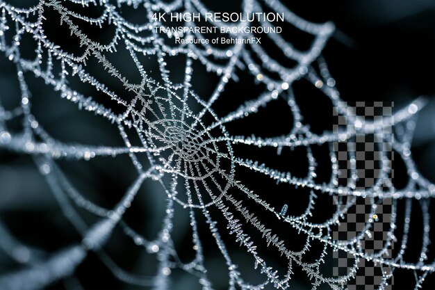 Teia de aranha congelada coberta com pequenos cristais de gelo em fundo transparente