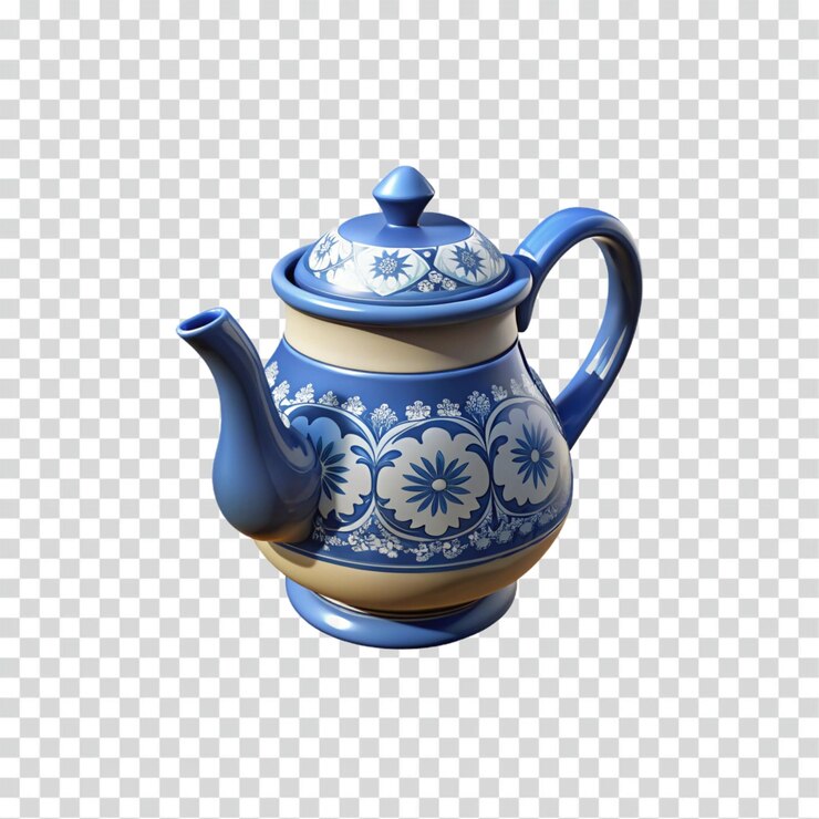 PSD tejera de cerámica con tapa con tetera floral azul y blanca