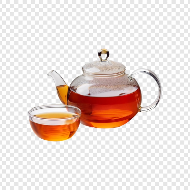 PSD tejera de vidrio con taza de té aislada sobre un fondo transparente