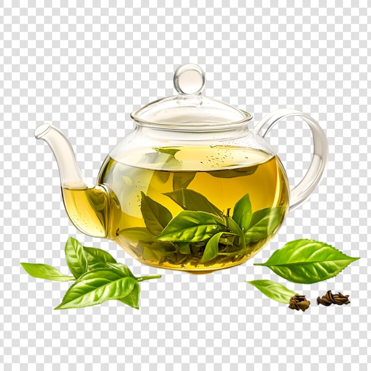 PSD tejera de vidrio transparente llena de hojas de té verde frescas