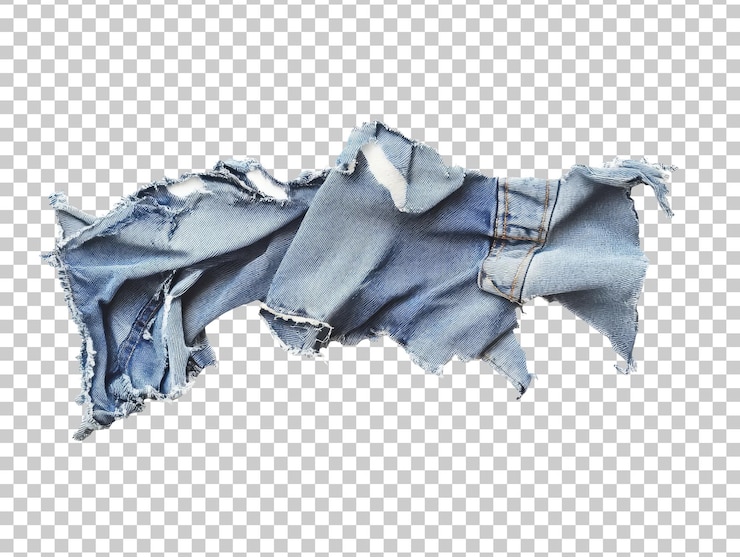 PSD tejido de denim roto que muestra bordes desgastados sobre un fondo blanco transparente