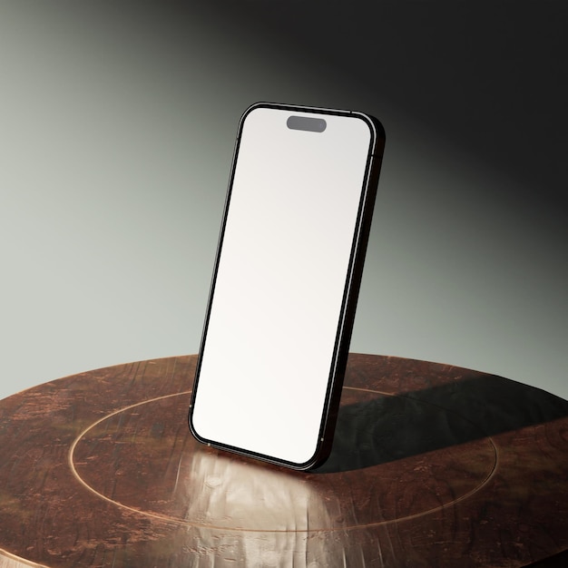 Tela de maquete de smartphone minimalista moderna em pé sobre a mesa de madeira para modelo de apresentação de aplicativo móvel da vista lateral